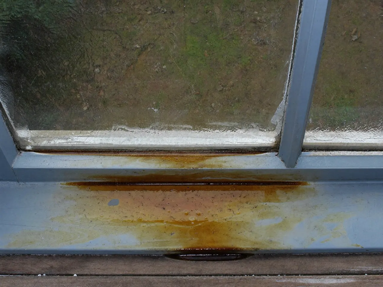Damp, softened and discoloured timber along the bottom sill of a window frame