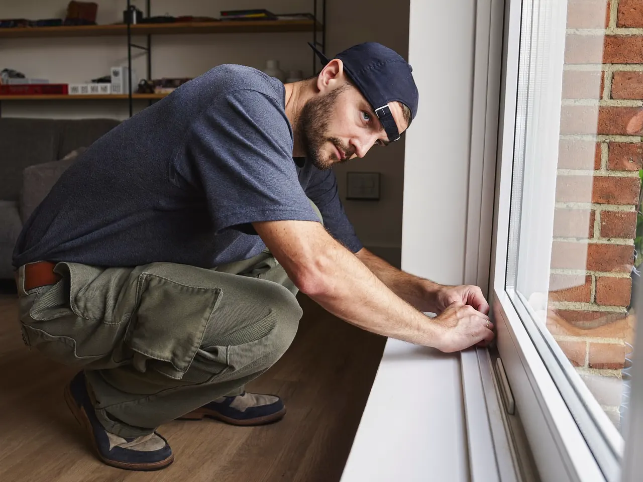 A window fitter checking the seal and glazing bead on a home's window