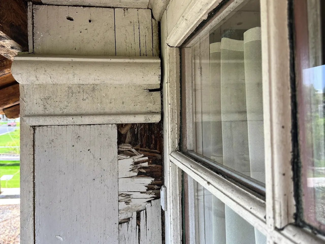 Rot and flaking paint in the corner joint of a timber window frame