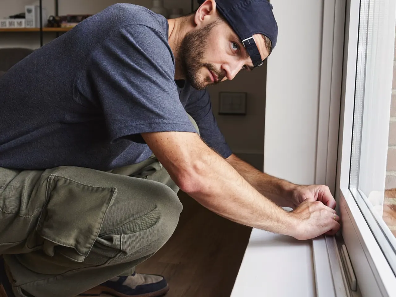A window fitter lifting a replacement sealed glass unit into an existing frame