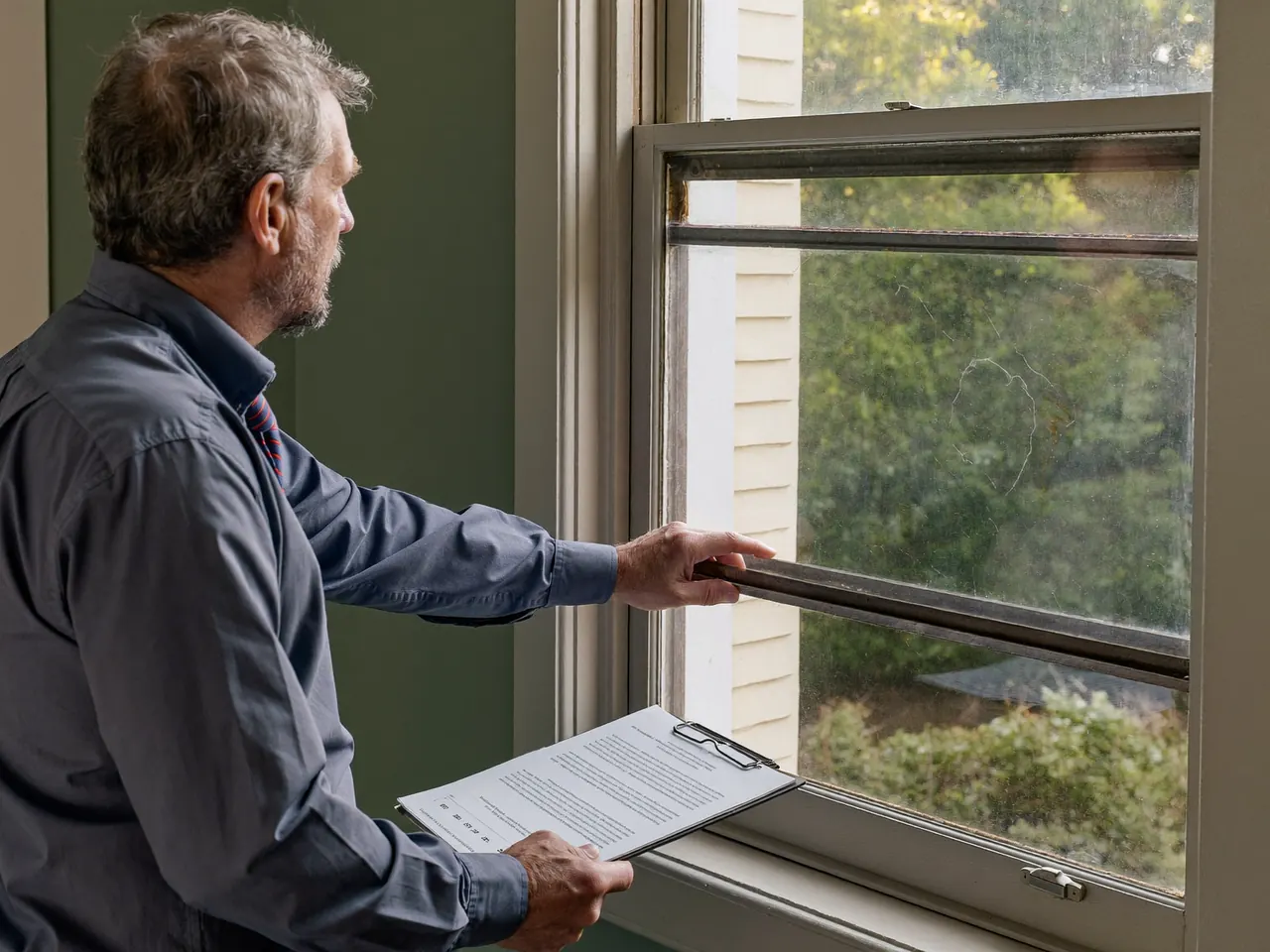 A surveyor inspecting a window frame and glazing during an in-home assessment